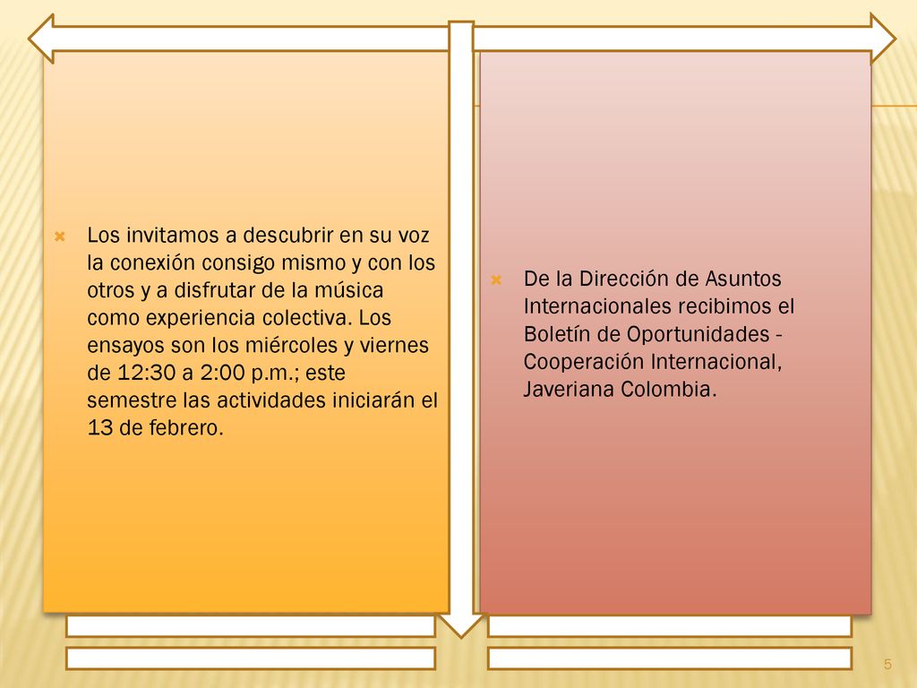 Los invitamos a descubrir en su voz la conexión consigo mismo y con los otros y a disfrutar de la música como experiencia colectiva. Los ensayos son los miércoles y viernes de 12:30 a 2:00 p.m.; este semestre las actividades iniciarán el 13 de febrero.