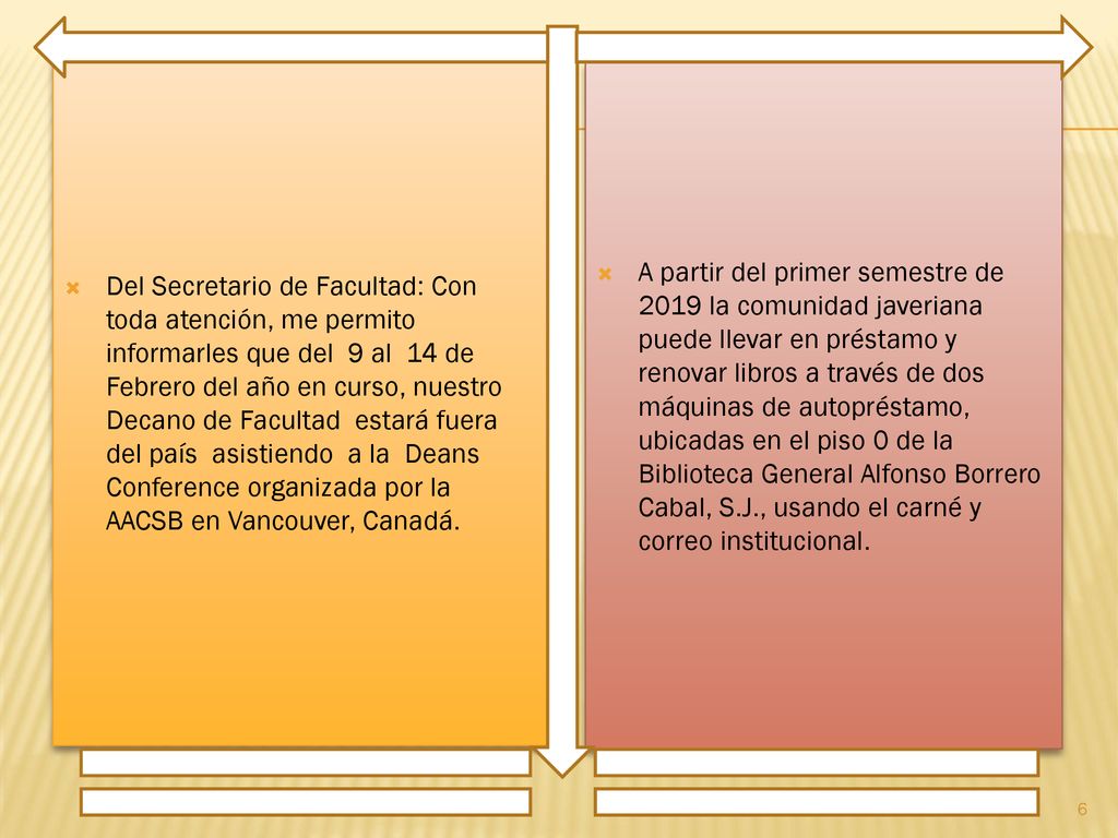 Del Secretario de Facultad: Con toda atención, me permito informarles que del 9 al 14 de Febrero del año en curso, nuestro Decano de Facultad estará fuera del país asistiendo a la Deans Conference organizada por la AACSB en Vancouver, Canadá.