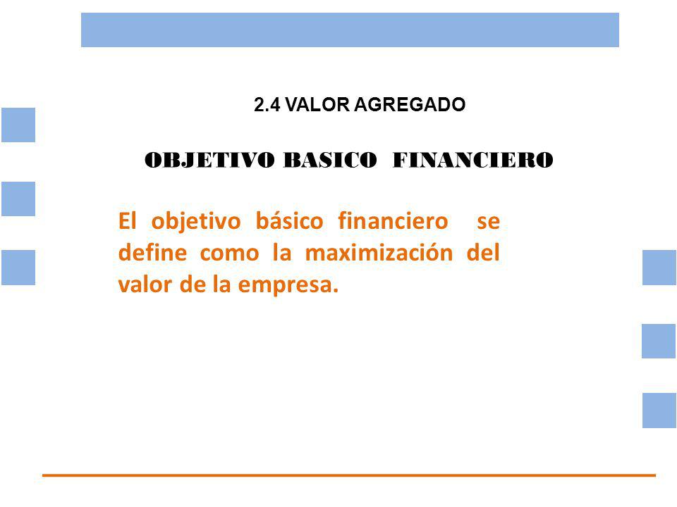 2.4 VALOR AGREGADO OBJETIVO BASICO FINANCIERO. El objetivo básico financiero se define como la maximización del valor de la empresa.