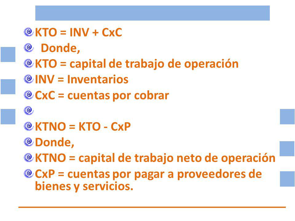 KTO = INV + CxC Donde, KTO = capital de trabajo de operación. INV = Inventarios. CxC = cuentas por cobrar.
