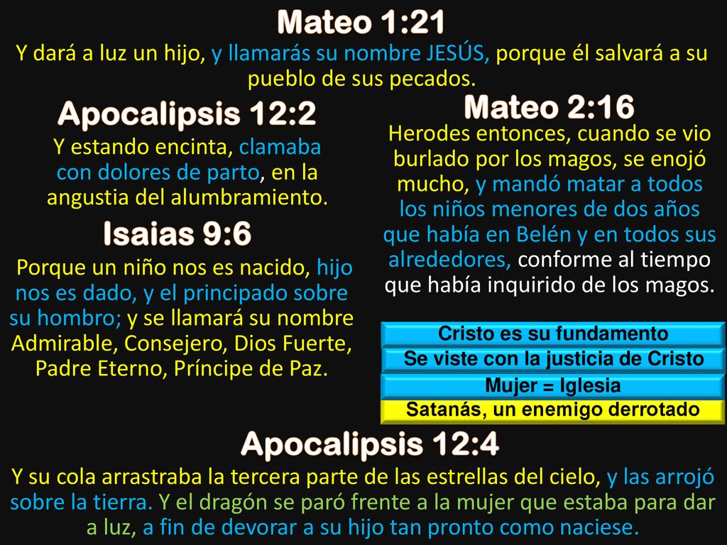 Mateo 1:21 Mateo 2:16 Apocalipsis 12:2 Isaias 9:6 Apocalipsis 12:4
