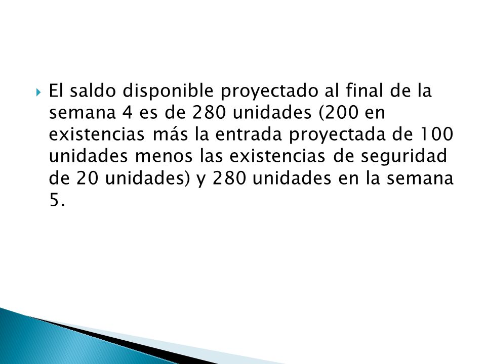 El saldo disponible proyectado al final de la semana 4 es de 280 unidades (200 en existencias más la entrada proyectada de 100 unidades menos las existencias de seguridad de 20 unidades) y 280 unidades en la semana 5.
