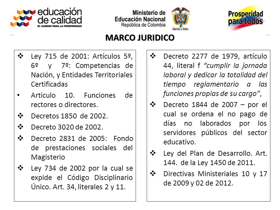 MARCO JURIDICO Ley 715 de 2001: Artículos 5º, 6º y 7º: Competencias de Nación, y Entidades Territoriales Certificadas.