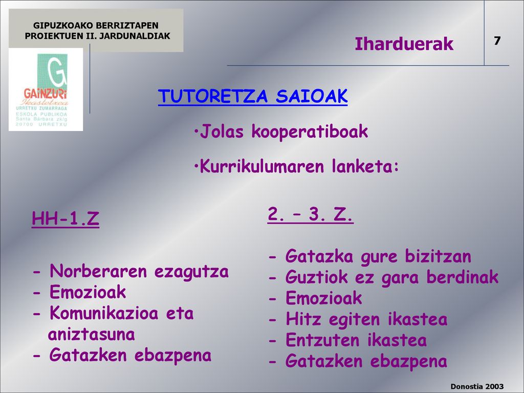 Iharduerak TUTORETZA SAIOAK. Jolas kooperatiboak. Kurrikulumaren lanketa: 2. – 3. Z. - Gatazka gure bizitzan.