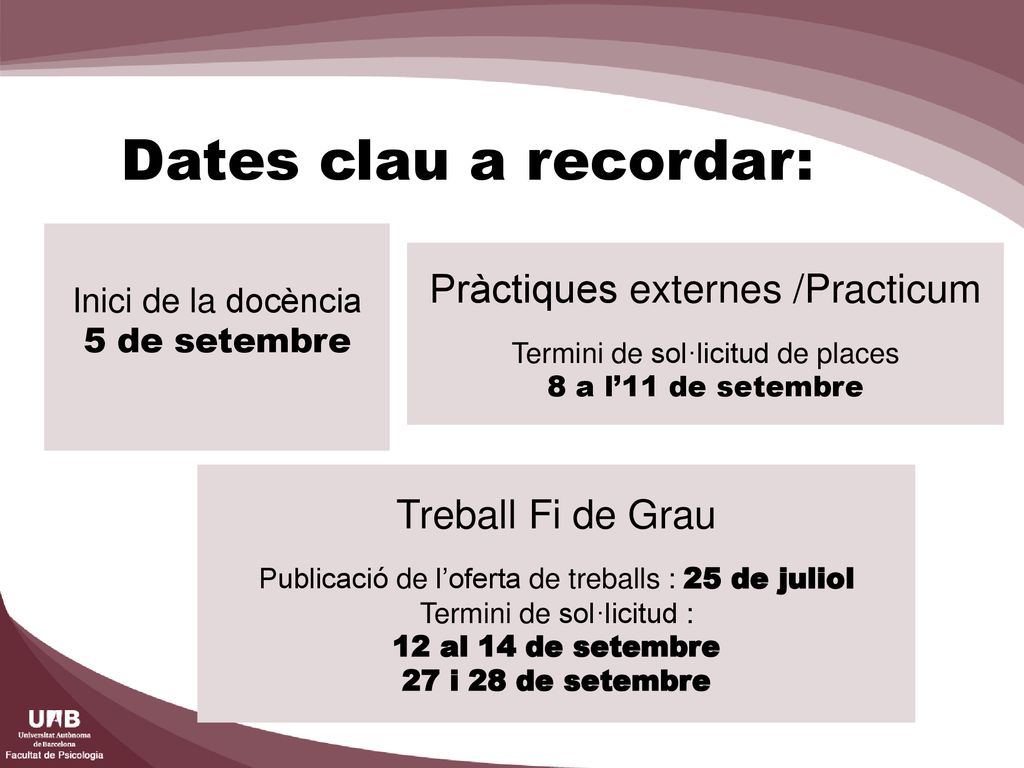Dates clau a recordar: Pràctiques externes /Practicum