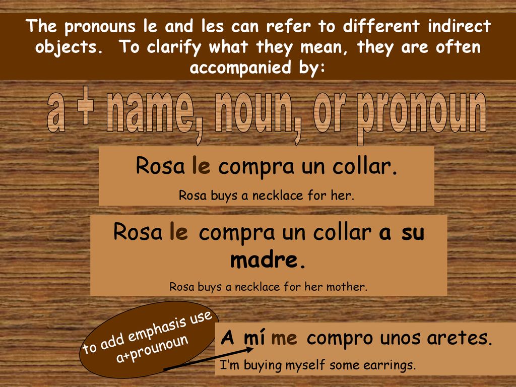 a + name, noun, or pronoun Rosa le compra un collar.