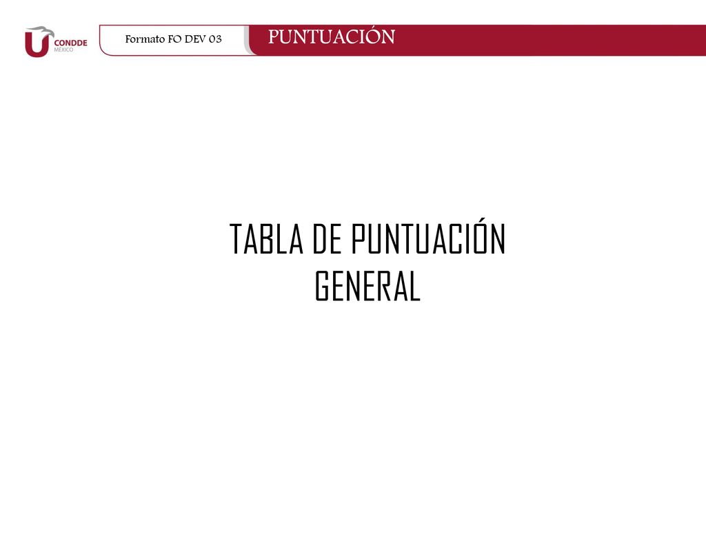 TABLA DE PUNTUACIÓN GENERAL PUNTUACIÓN Formato FO DEV 03