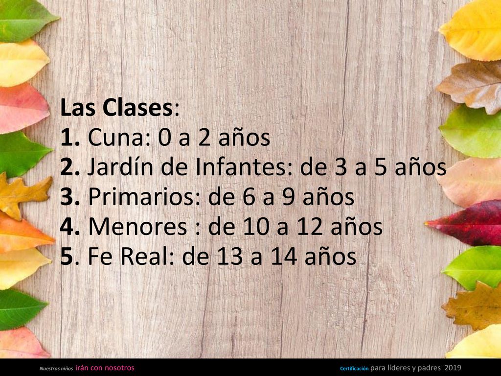Las Clases: 1. Cuna: 0 a 2 años 2. Jardín de Infantes: de 3 a 5 años 3