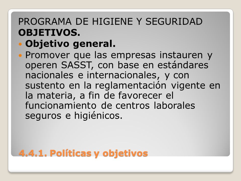 PROGRAMA DE HIGIENE Y SEGURIDAD OBJETIVOS. Objetivo general.