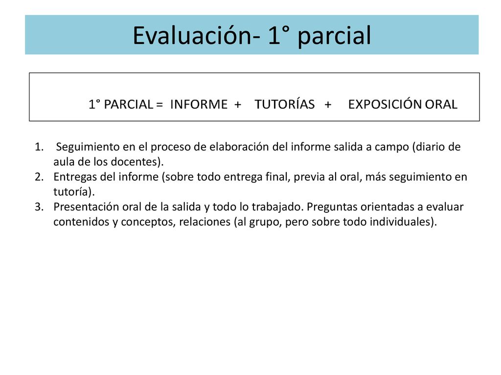 Evaluación- 1° parcial Seguimiento en el proceso de elaboración del informe salida a campo (diario de aula de los docentes).
