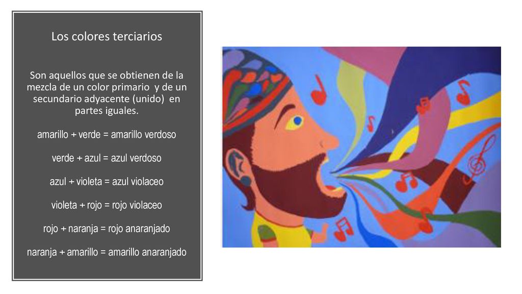 Los colores terciarios Son aquellos que se obtienen de la mezcla de un color primario y de un secundario adyacente (unido) en partes iguales.