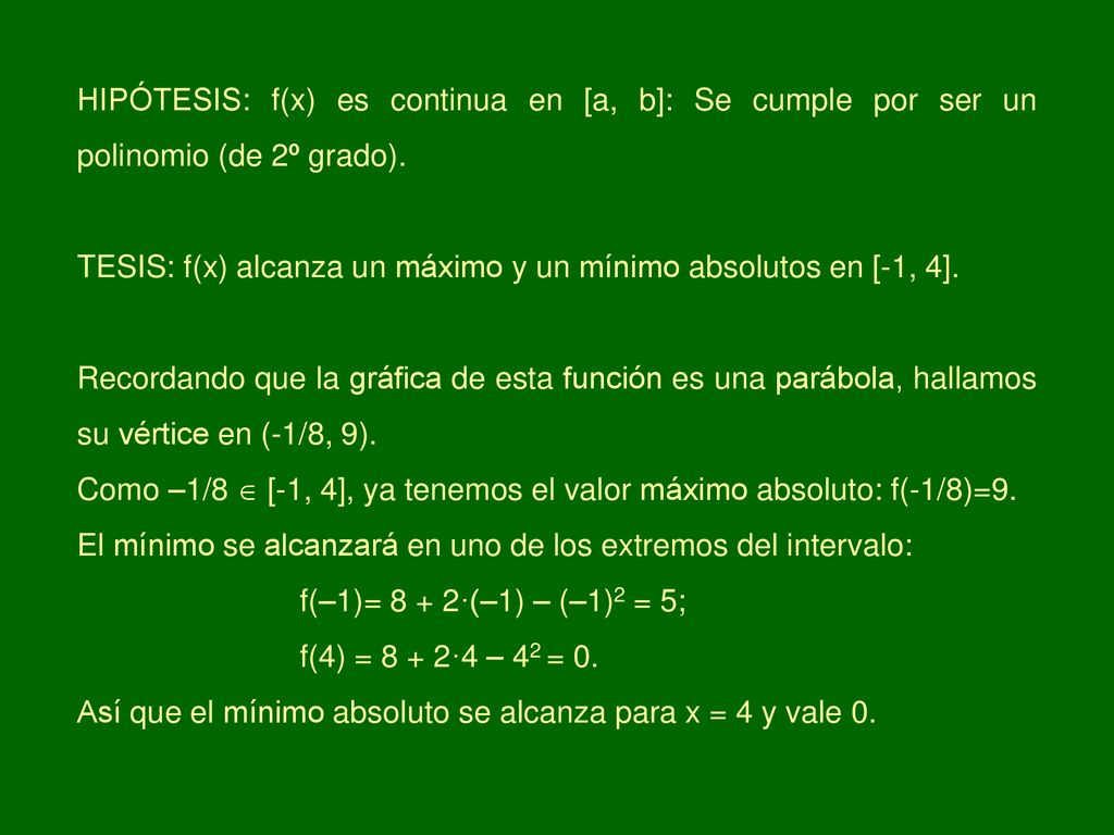 HIPÓTESIS: f(x) es continua en [a, b]: Se cumple por ser un polinomio (de 2º grado).