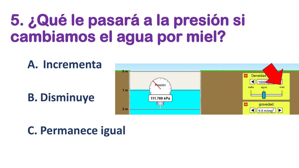 5. ¿Qué le pasará a la presión si cambiamos el agua por miel