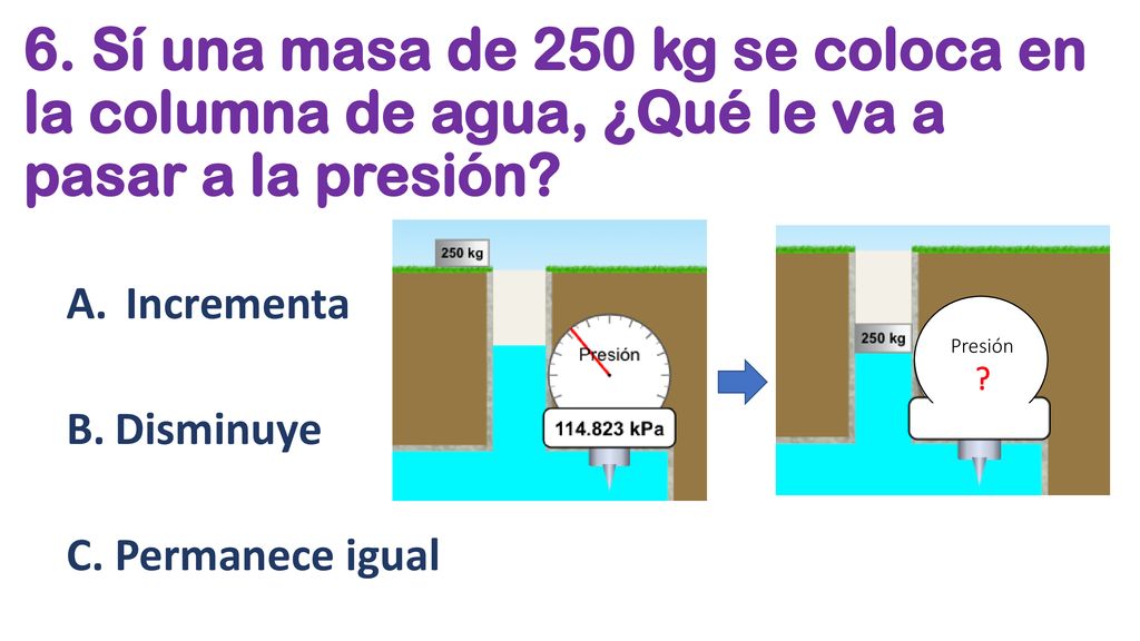 6. Sí una masa de 250 kg se coloca en la columna de agua, ¿Qué le va a pasar a la presión
