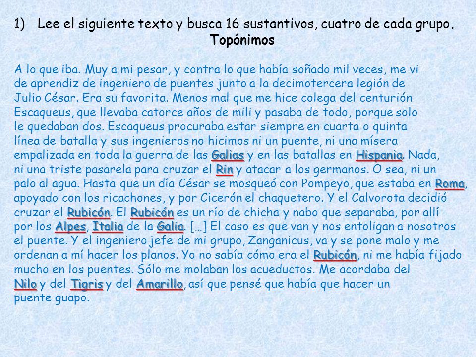 Lee el siguiente texto y busca 16 sustantivos, cuatro de cada grupo.