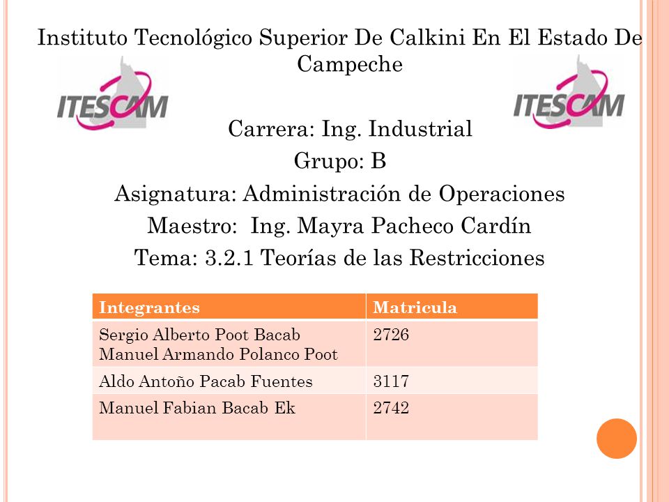 Instituto Tecnológico Superior De Calkini En El Estado De Campeche Carrera: Ing. Industrial Grupo: B Asignatura: Administración de Operaciones Maestro: Ing. Mayra Pacheco Cardín Tema: Teorías de las Restricciones