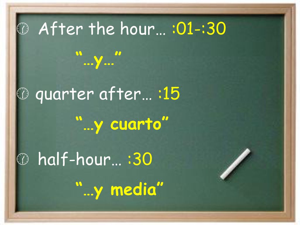 After the hour… :01-:30 …y… quarter after… :15 …y cuarto half-hour… :30 …y media