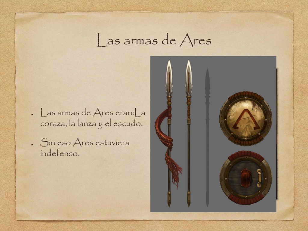 Las armas de Ares Las armas de Ares eran:La coraza, la lanza y el escudo.