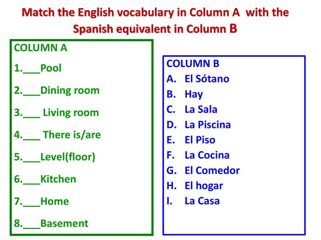 Match the English vocabulary in Column A with the Spanish equivalent in Column B