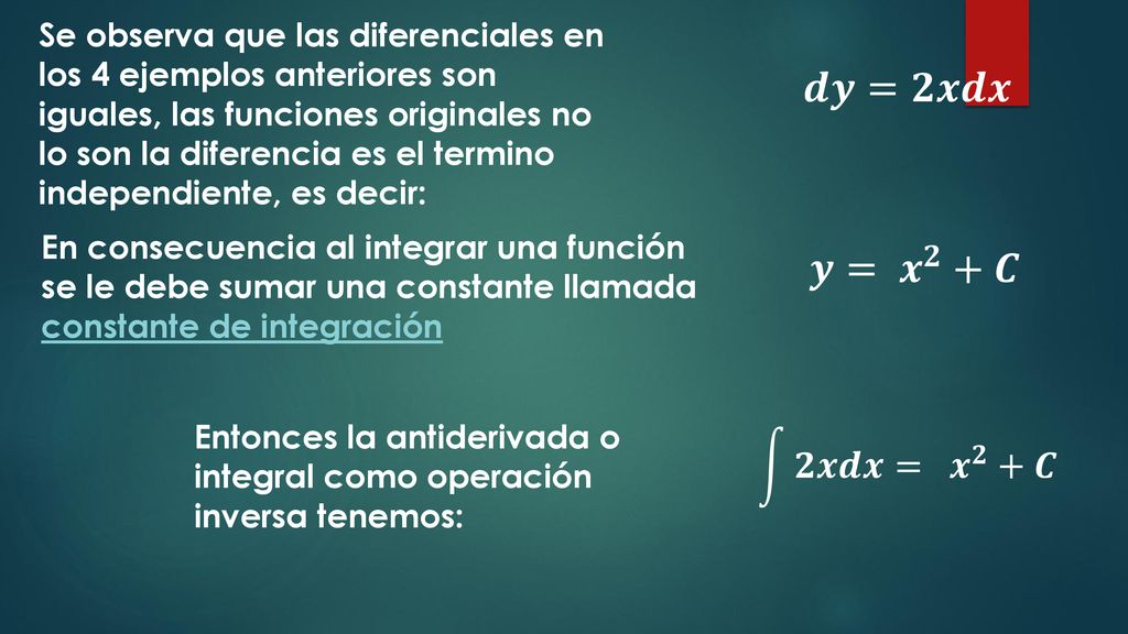 Se observa que las diferenciales en los 4 ejemplos anteriores son iguales, las funciones originales no lo son la diferencia es el termino independiente, es decir: