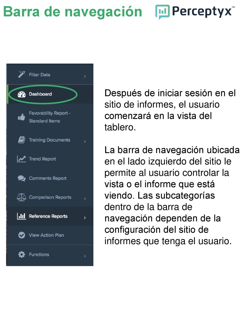 Barra de navegación Después de iniciar sesión en el sitio de informes, el usuario comenzará en la vista del tablero.