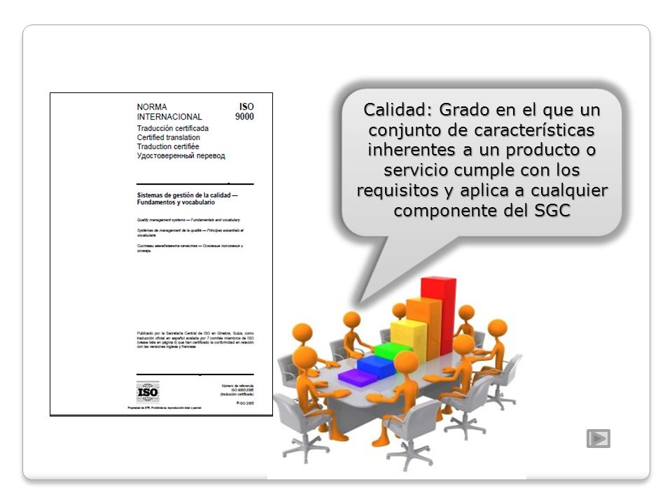 Calidad: Grado en el que un conjunto de características inherentes a un producto o servicio cumple con los requisitos y aplica a cualquier componente del SGC