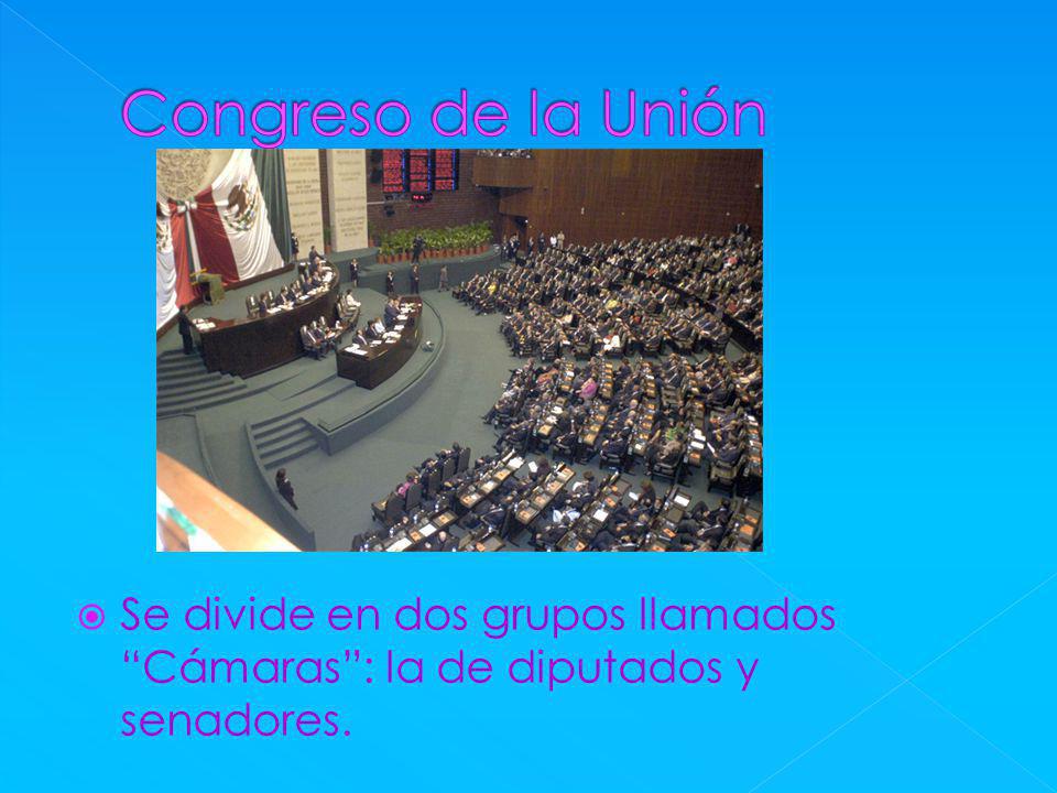 Congreso de la Unión Se divide en dos grupos llamados Cámaras : la de diputados y senadores.