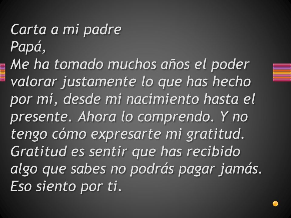 Carta a mi padre Papá, Me ha tomado muchos años el poder valorar justamente lo que has hecho por mí, desde mi nacimiento hasta el presente.