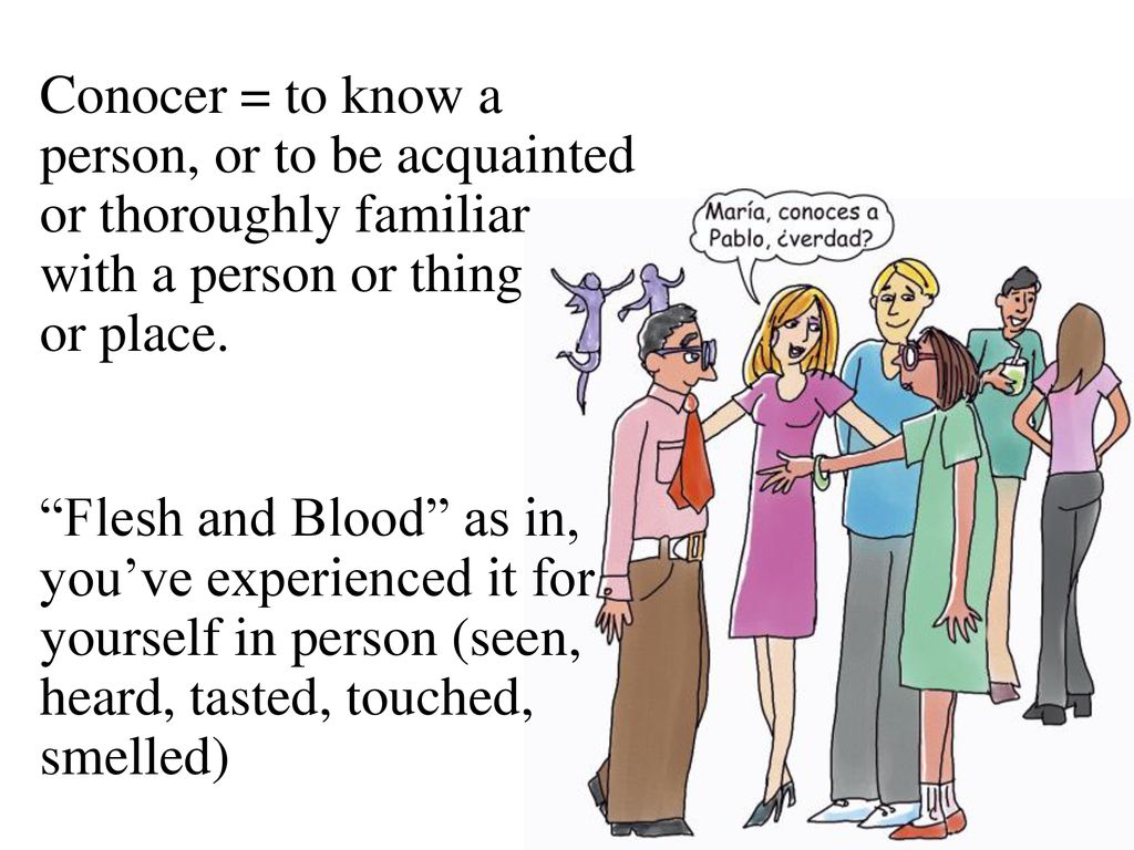 Conocer = to know a person, or to be acquainted or thoroughly familiar with a person or thing or place.