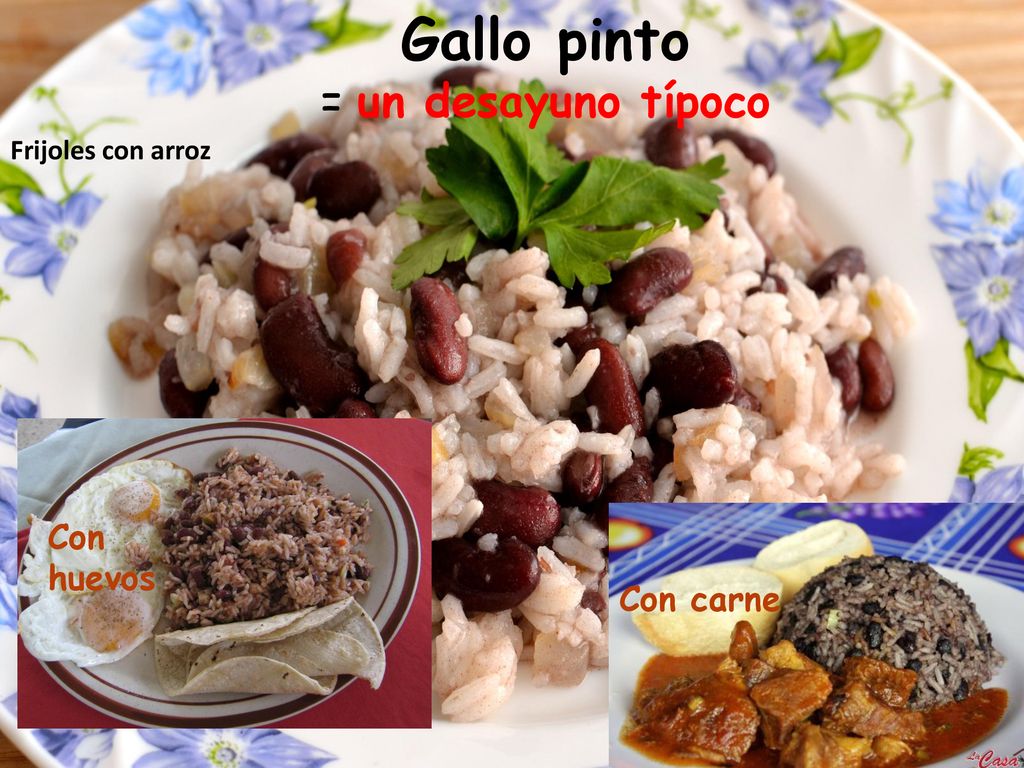 Gallo pinto = un desayuno típoco Con huevos Con carne