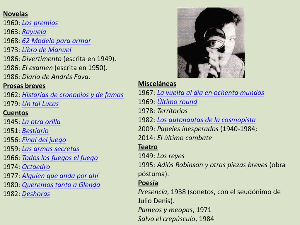 Novelas 1960: Los premios. 1963: Rayuela. 1968: 62 Modelo para armar. 1973: Libro de Manuel. 1986: Divertimento (escrita en 1949).
