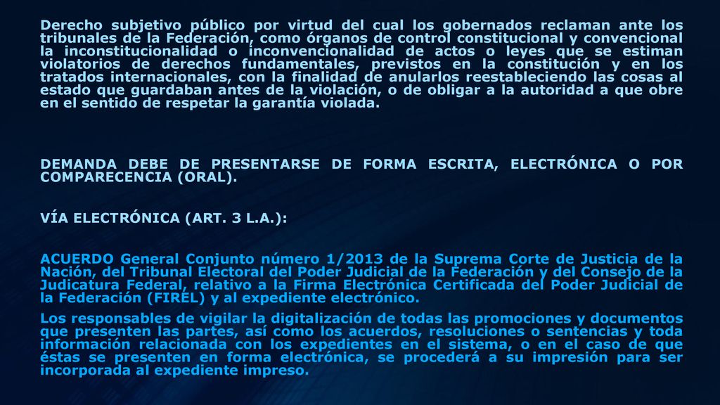 Derecho subjetivo público por virtud del cual los gobernados reclaman ante los tribunales de la Federación, como órganos de control constitucional y convencional la inconstitucionalidad o inconvencionalidad de actos o leyes que se estiman violatorios de derechos fundamentales, previstos en la constitución y en los tratados internacionales, con la finalidad de anularlos reestableciendo las cosas al estado que guardaban antes de la violación, o de obligar a la autoridad a que obre en el sentido de respetar la garantía violada.