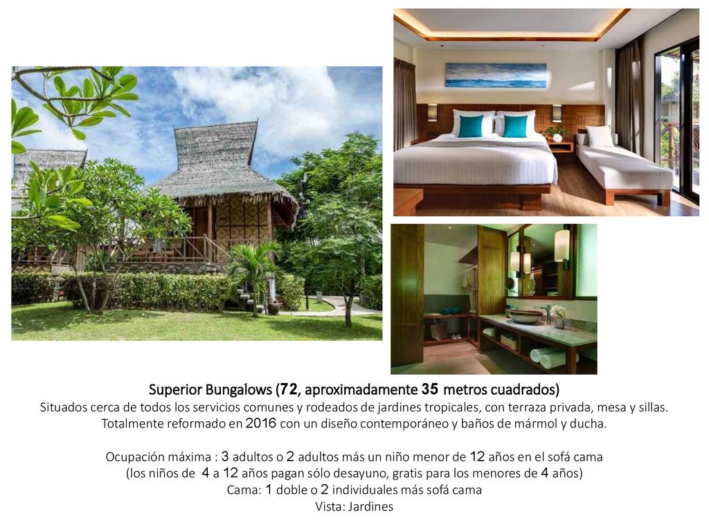 Superior Bungalows (72, aproximadamente 35 metros cuadrados) Situados cerca de todos los servicios comunes y rodeados de jardines tropicales, con terraza privada, mesa y sillas. Totalmente reformado en 2016 con un diseño contemporáneo y baños de mármol y ducha. Ocupación máxima : 3 adultos o 2 adultos más un niño menor de 12 años en el sofá cama (los niños de 4 a 12 años pagan sólo desayuno, gratis para los menores de 4 años) Cama: 1 doble o 2 individuales más sofá cama Vista: Jardines