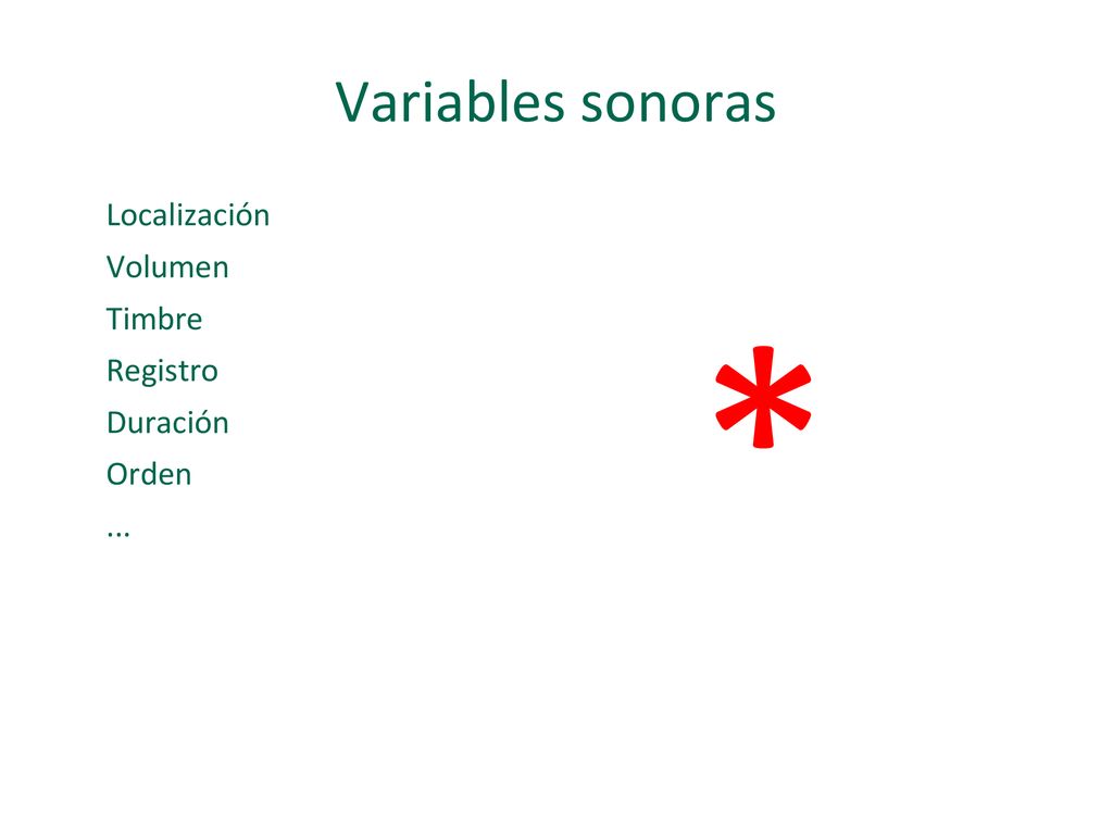 Variables sonoras Localización Volumen Timbre Registro Duración Orden ... *