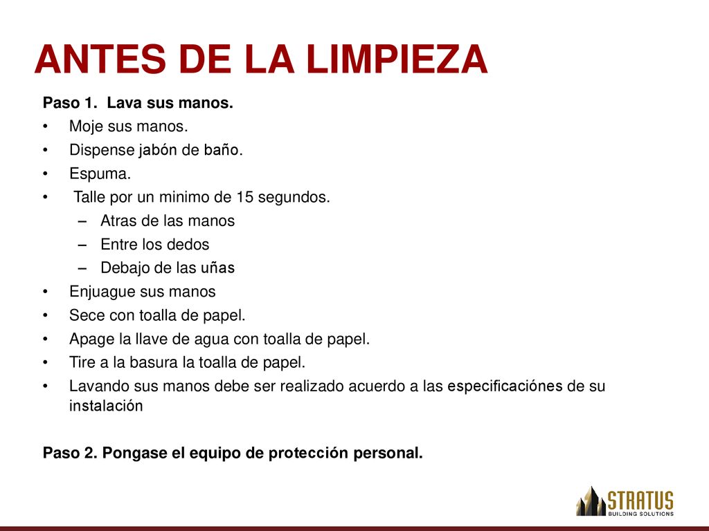 ANTES DE LA LIMPIEZA Paso 1. Lava sus manos. Moje sus manos.