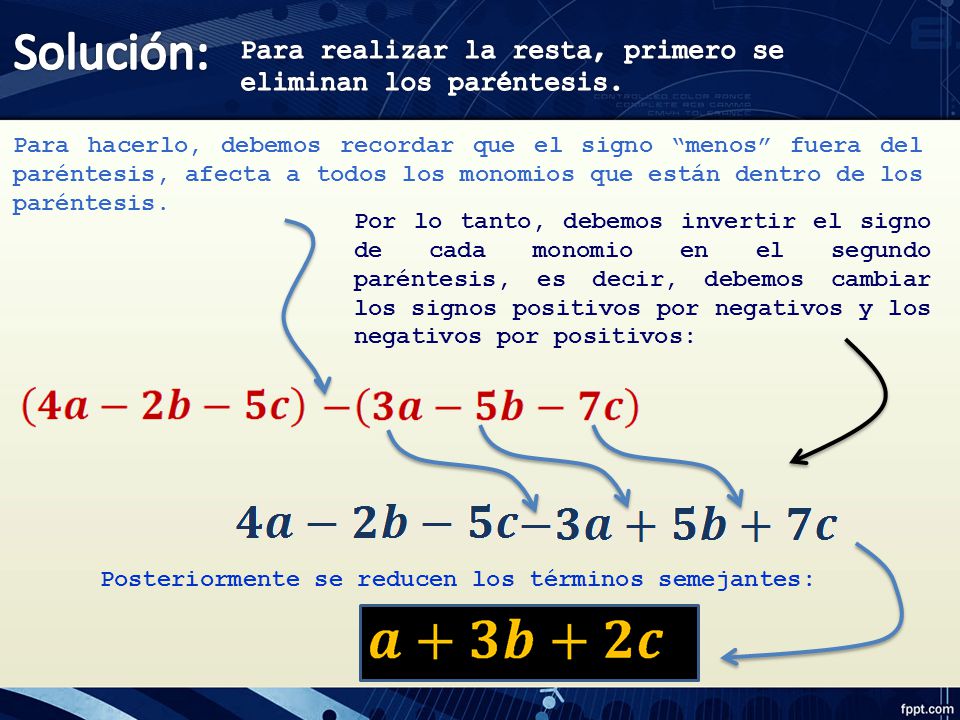 Solución: Para realizar la resta, primero se eliminan los paréntesis.