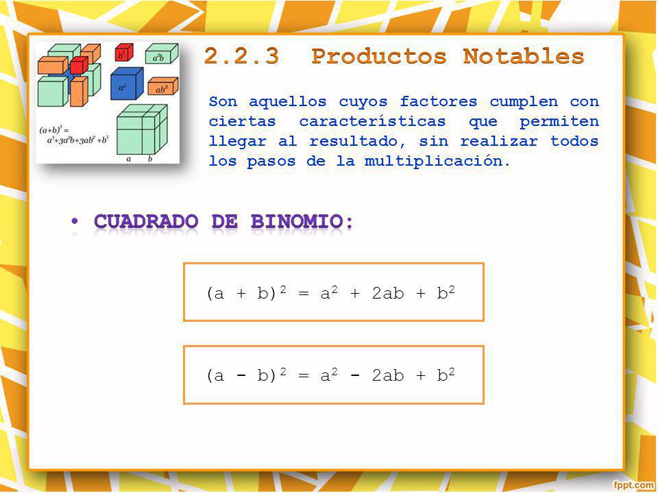 2.2.3 Productos Notables Cuadrado de Binomio: (a + b)2 = a2 + 2ab + b2