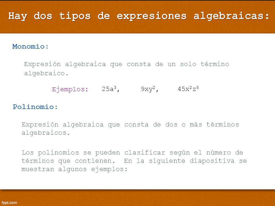 Hay dos tipos de expresiones algebraicas: