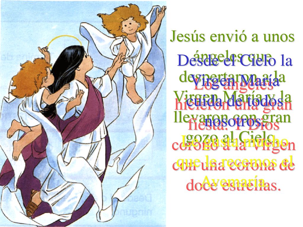 Jesús envió a unos ángeles que despertaron a la Virgen María y la llevaron con gran gozo al Cielo.