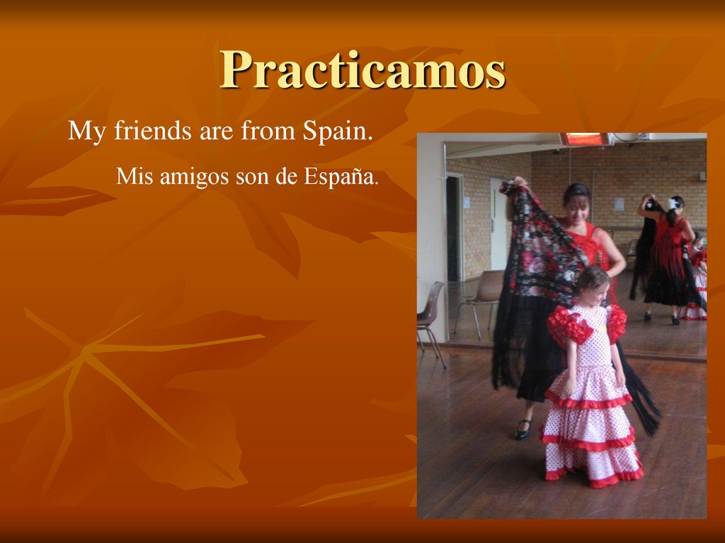 Practicamos My friends are from Spain. Mis amigos son de España.