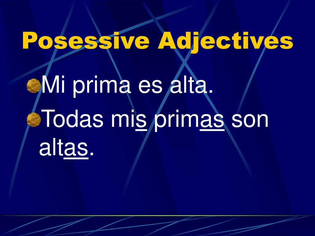 Posessive Adjectives Mi prima es alta. Todas mis primas son altas.