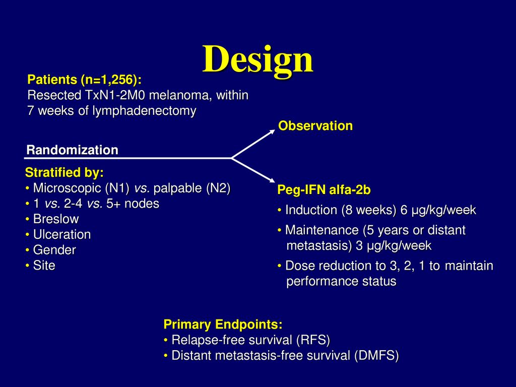 Design Patients (n=1,256): Resected TxN1-2M0 melanoma, within 7 weeks of lymphadenectomy. Observation.