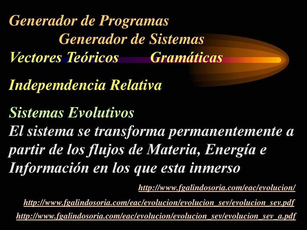 Generador de Programas Generador de Sistemas Vectores Teóricos Gramáticas Indepemdencia Relativa Sistemas Evolutivos El sistema se transforma permanentemente a partir de los flujos de Materia, Energía e Información en los que esta inmerso
