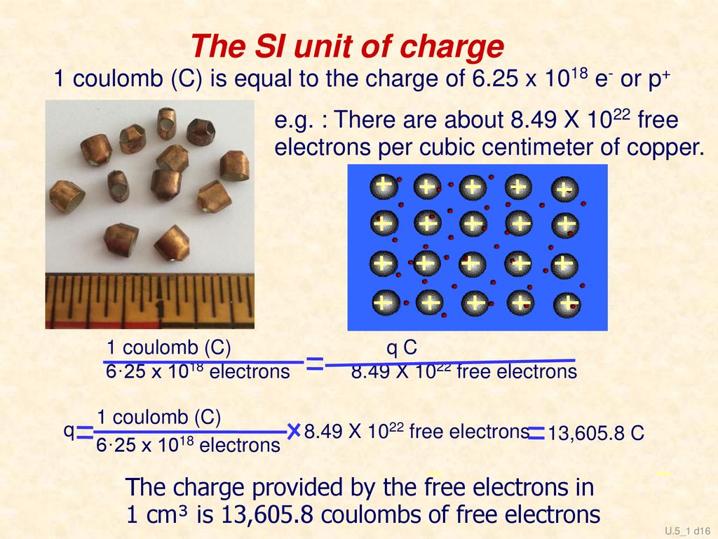 1 coulomb (C) is equal to the charge of 6.25 x 1018 e- or p+