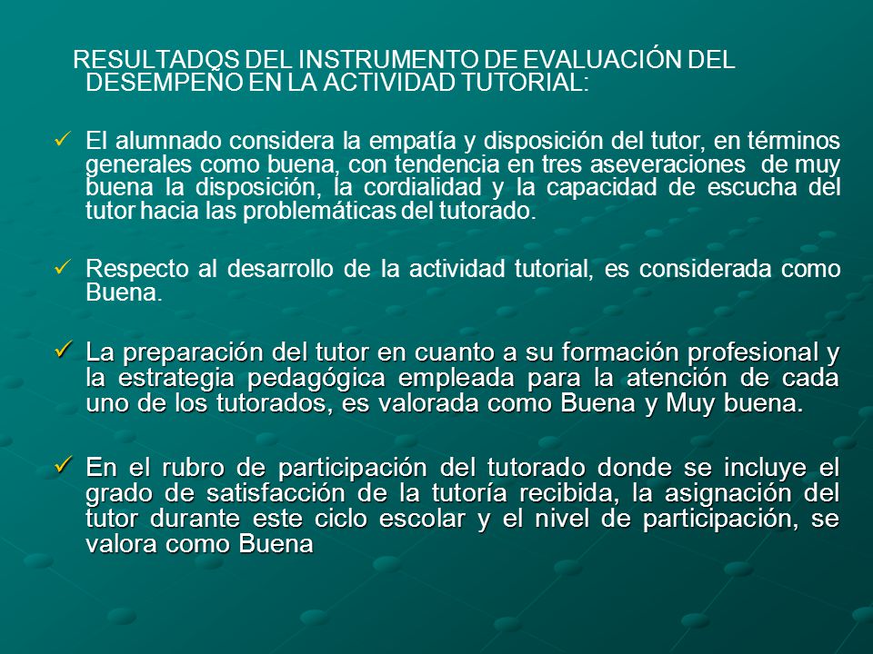 RESULTADOS DEL INSTRUMENTO DE EVALUACIÓN DEL DESEMPEÑO EN LA ACTIVIDAD TUTORIAL: