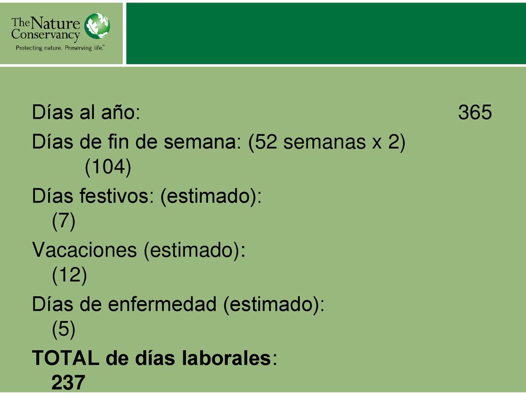 Días al año: 365 Días de fin de semana: (52 semanas x 2) (104) Días festivos: (estimado): (7)