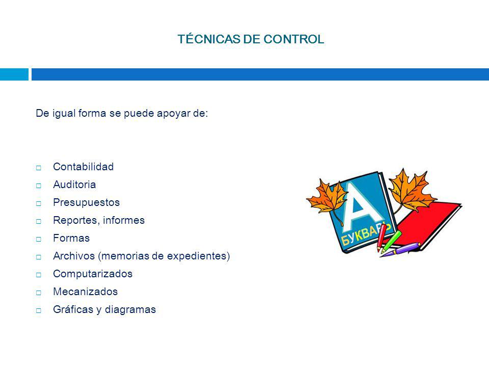 TÉCNICAS DE CONTROL De igual forma se puede apoyar de: Contabilidad