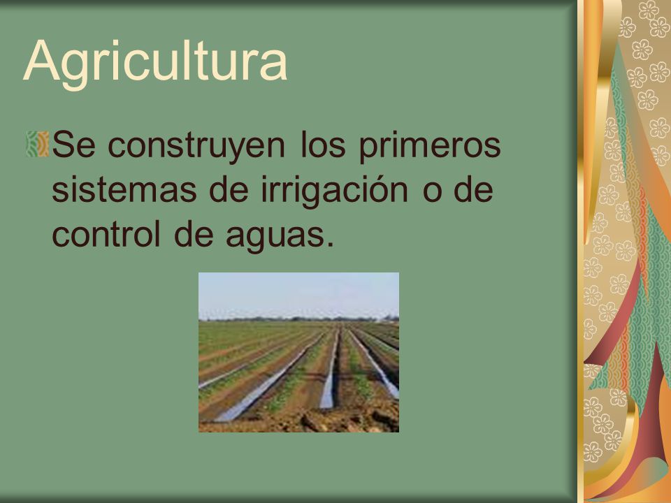 Agricultura Se construyen los primeros sistemas de irrigación o de control de aguas.