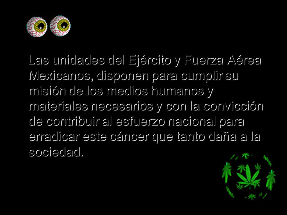 Las unidades del Ejército y Fuerza Aérea Mexicanos, disponen para cumplir su misión de los medios humanos y materiales necesarios y con la convicción de contribuir al esfuerzo nacional para erradicar este cáncer que tanto daña a la sociedad.