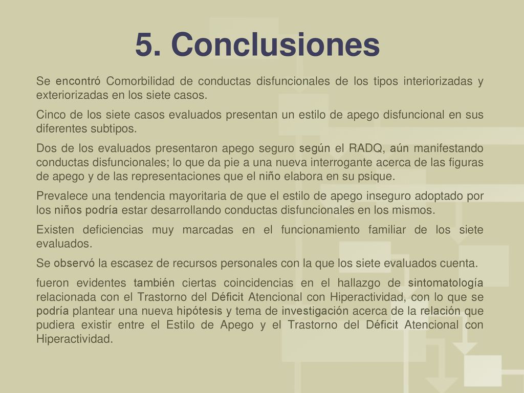 5. Conclusiones Se encontró Comorbilidad de conductas disfuncionales de los tipos interiorizadas y exteriorizadas en los siete casos.